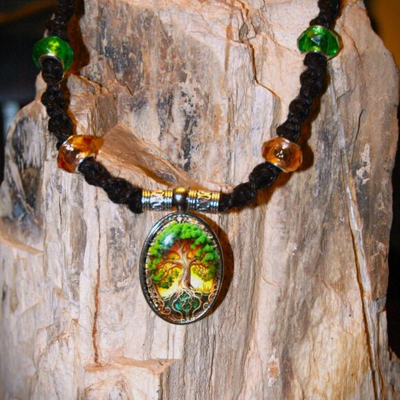 Celtic Tree of Life on a 21" Handmade Black Hemp Chain with Brown & Green Accent - Picture 1 of 7